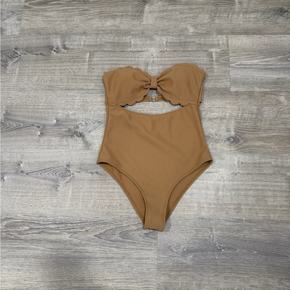 Tan Halter Strapless Scallop One Piece Small High Waisted Bathing Swimsuit - Picture 4 of 7